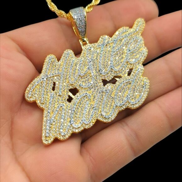 New Icy Supreme Quality 14K Bi-Color Gold Finish Hustle Hard Pendant over Brass. - Picture 8 of 8
